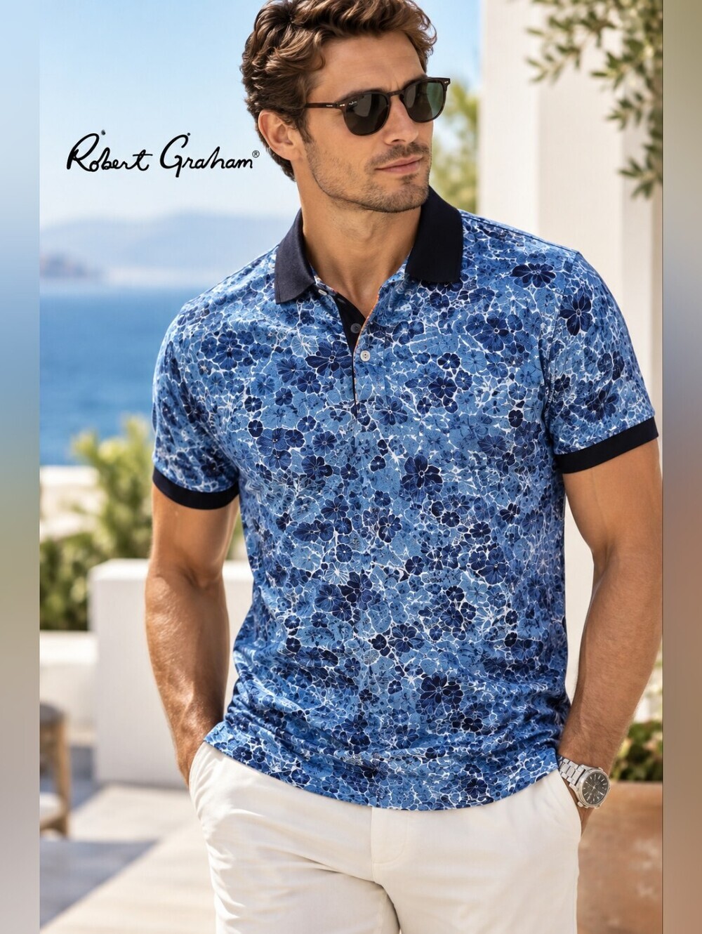 NWT Robert Graham Amaro Blue Tonal Floral Polo Shirt Men's S